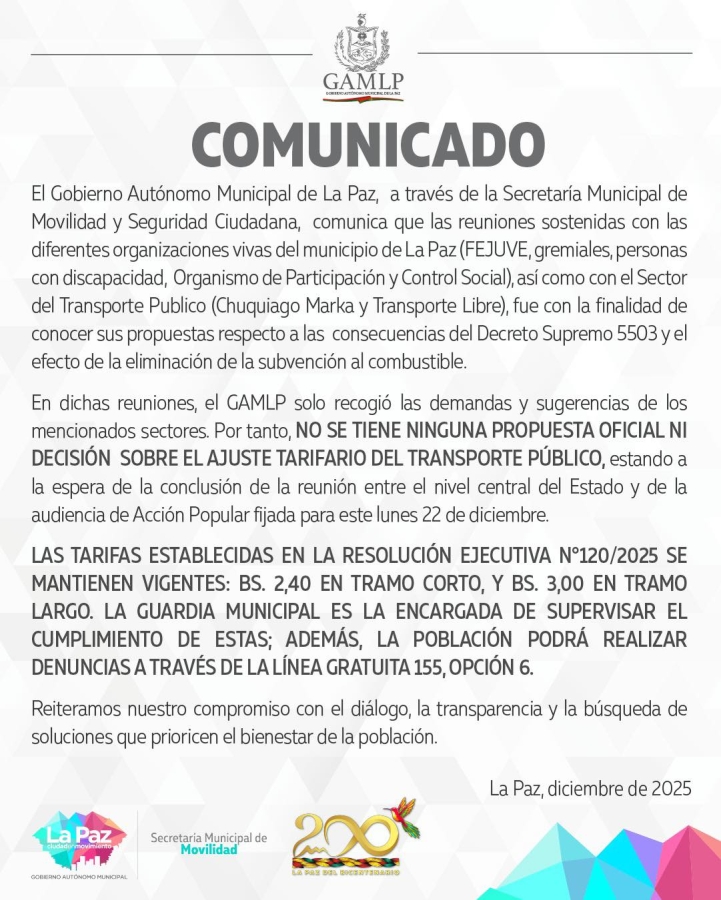 AlcaldÃa desmiente autorización de incremento de tarifas del transporte público y aclaró que no existe ninguna propuesta oficial ni decisión AlcaldÃa desmiente autorización de incremento de tarifas del transporte público y aclaró que no existe ninguna propuesta oficial ni decisión